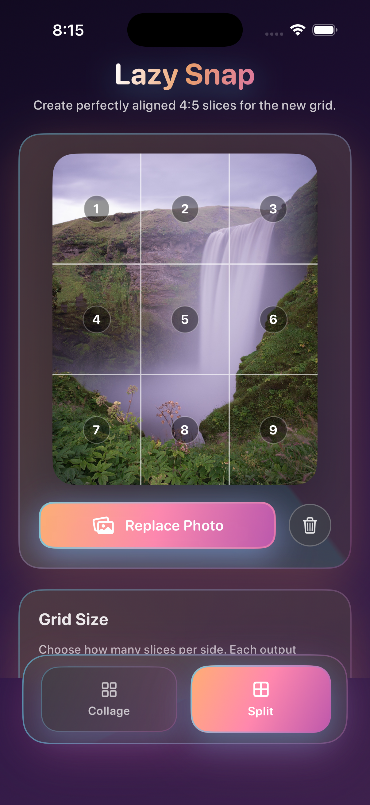 Lazy Snap app interface showing photo grid splitter