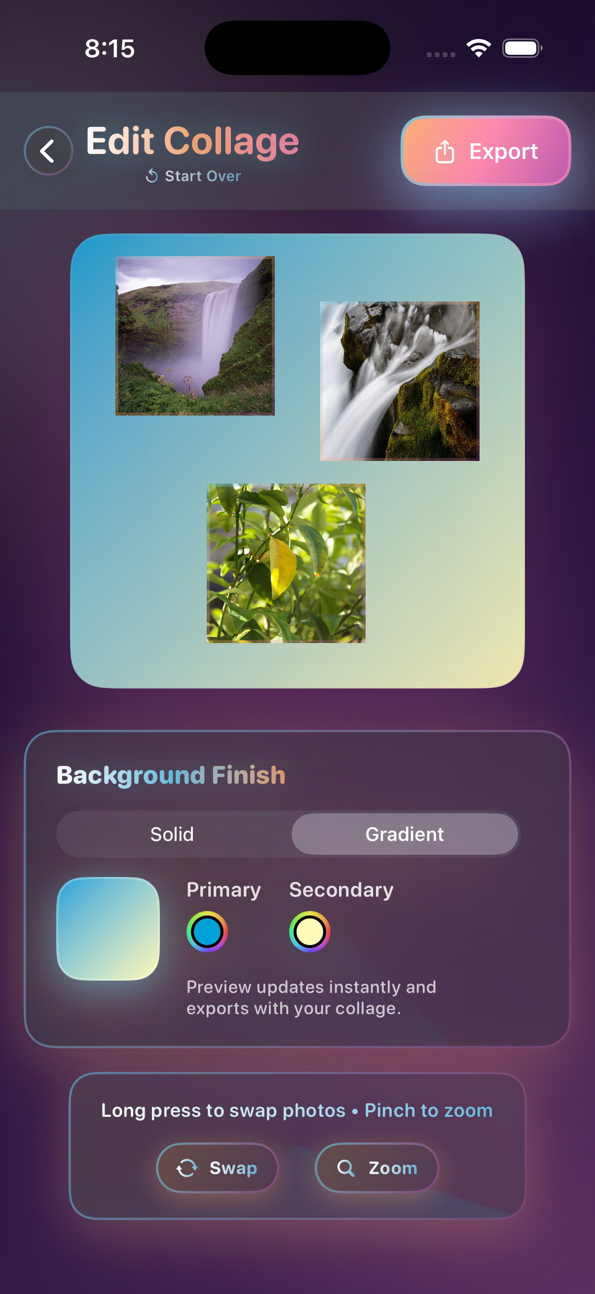 Lazy Snap layout selection screen showing various collage templates