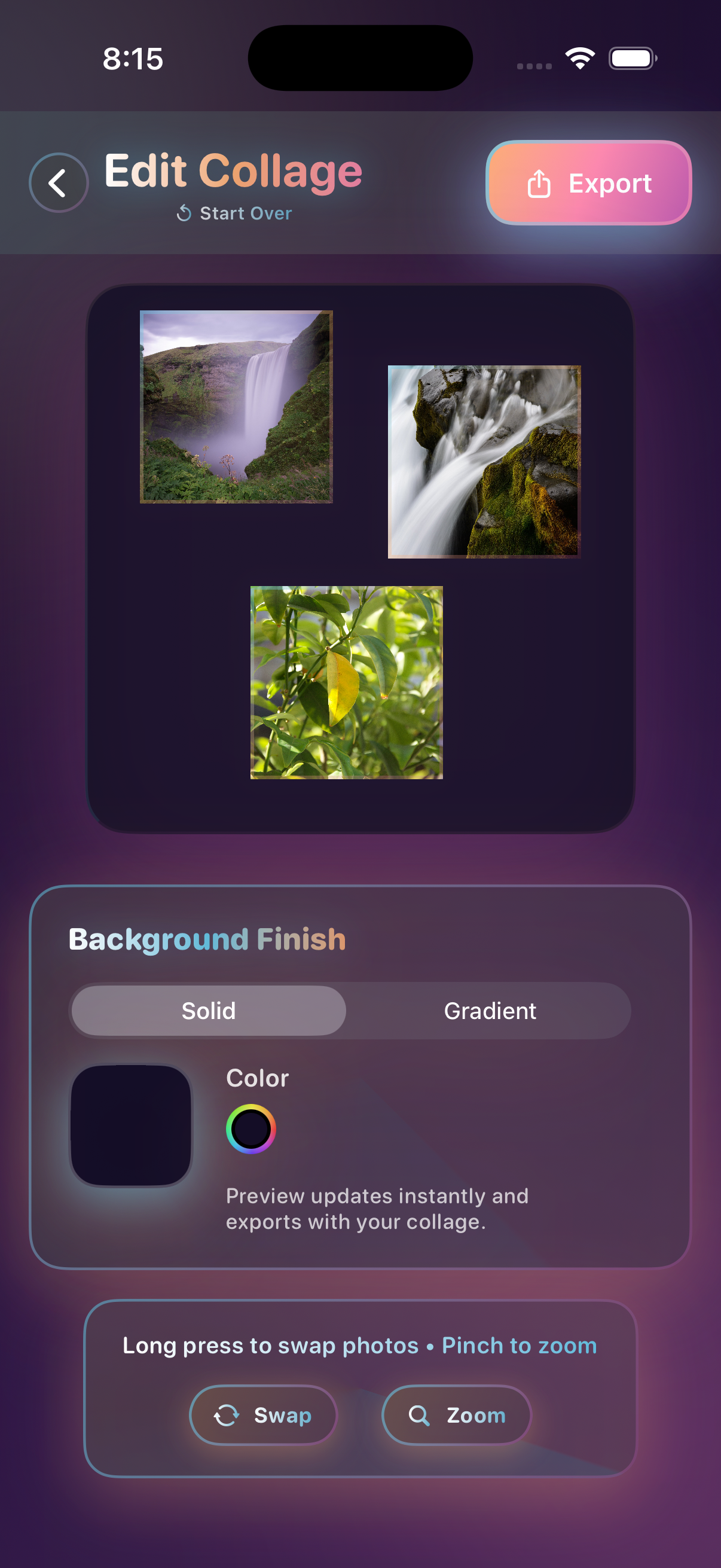 Lazy Snap edit collage interface with background customization options